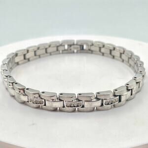Vintage Silver Tone Heavy Brick Link Bracelet Chunky Crystal Accented Box Clasp